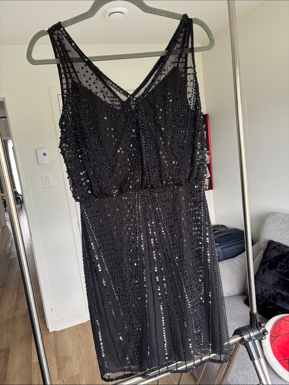 Adrianna Papell Black Sequin V-Neck Mini Dress